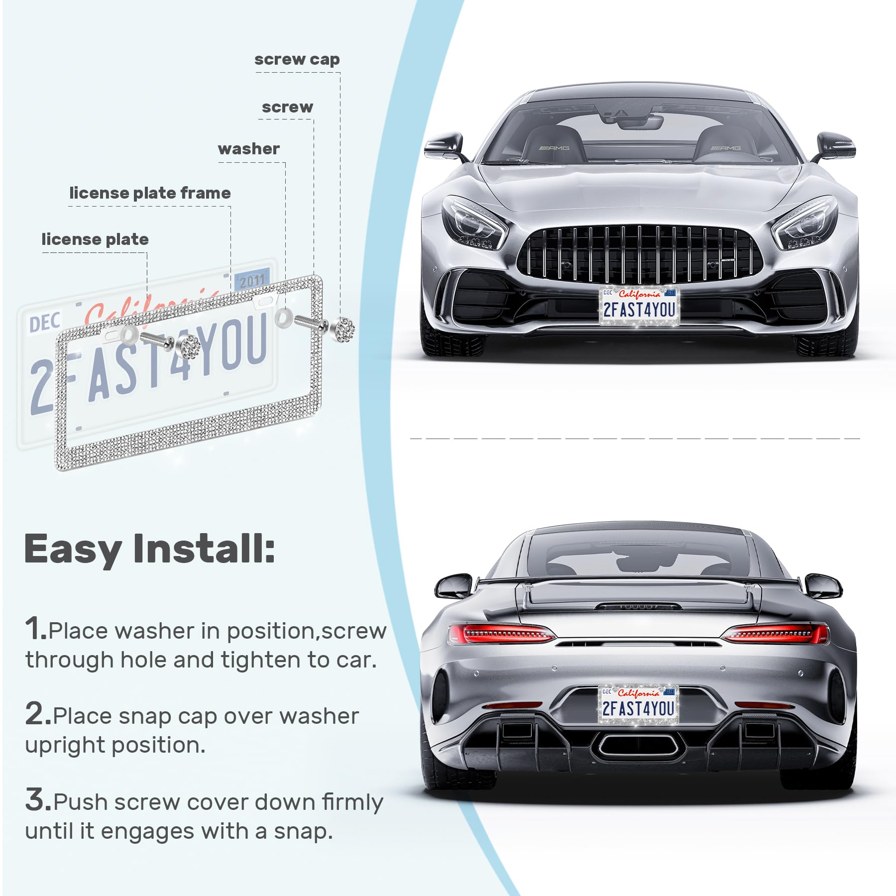 2 Pack Bling License Plate Frames Sparkly Rhinestone Diamond Car License Plate Cover for Women Stainless Steel Car — view 3