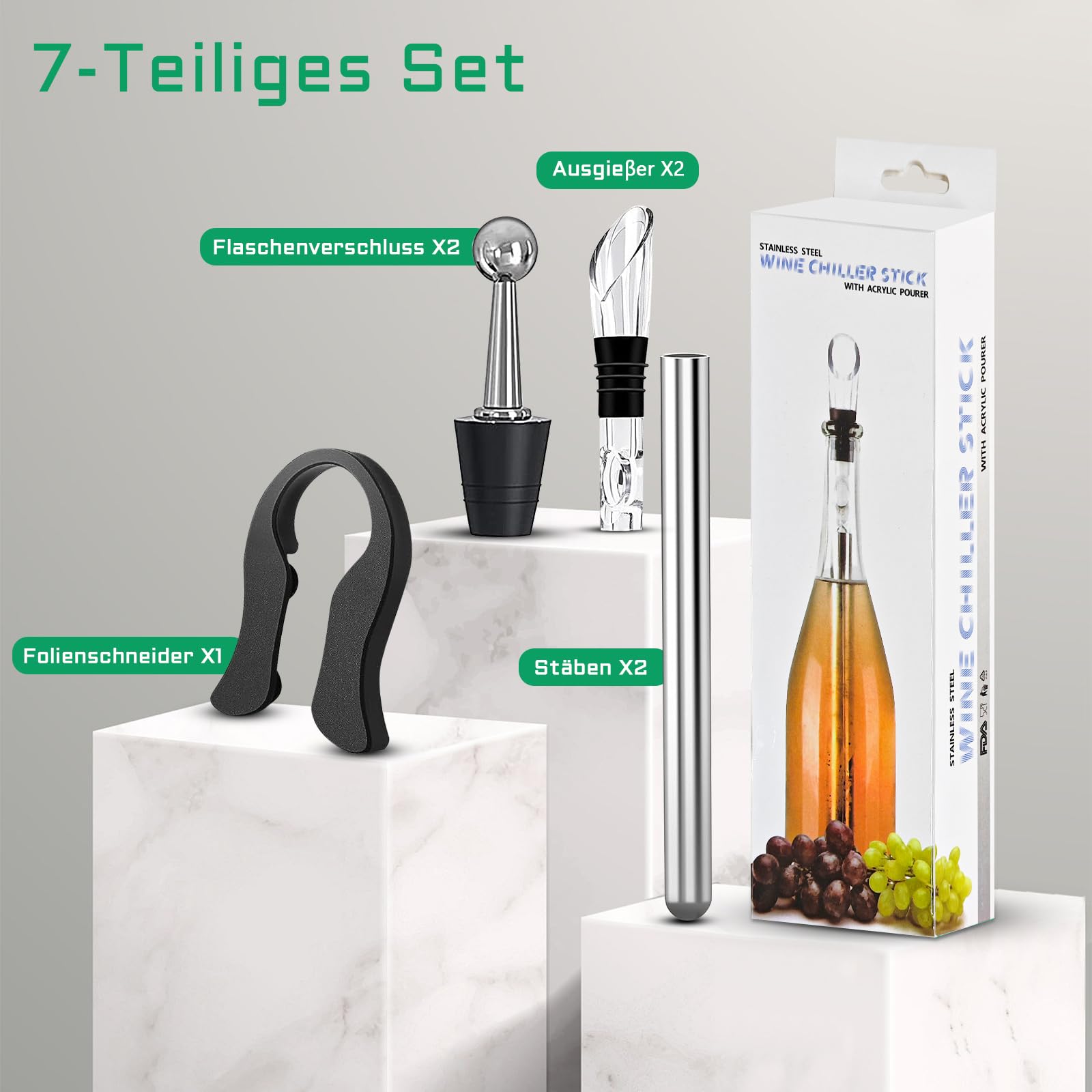 glacies Set refrigeratore per vino 5 in 1 con beccuccio e cubetti di ghiaccio in acciaio