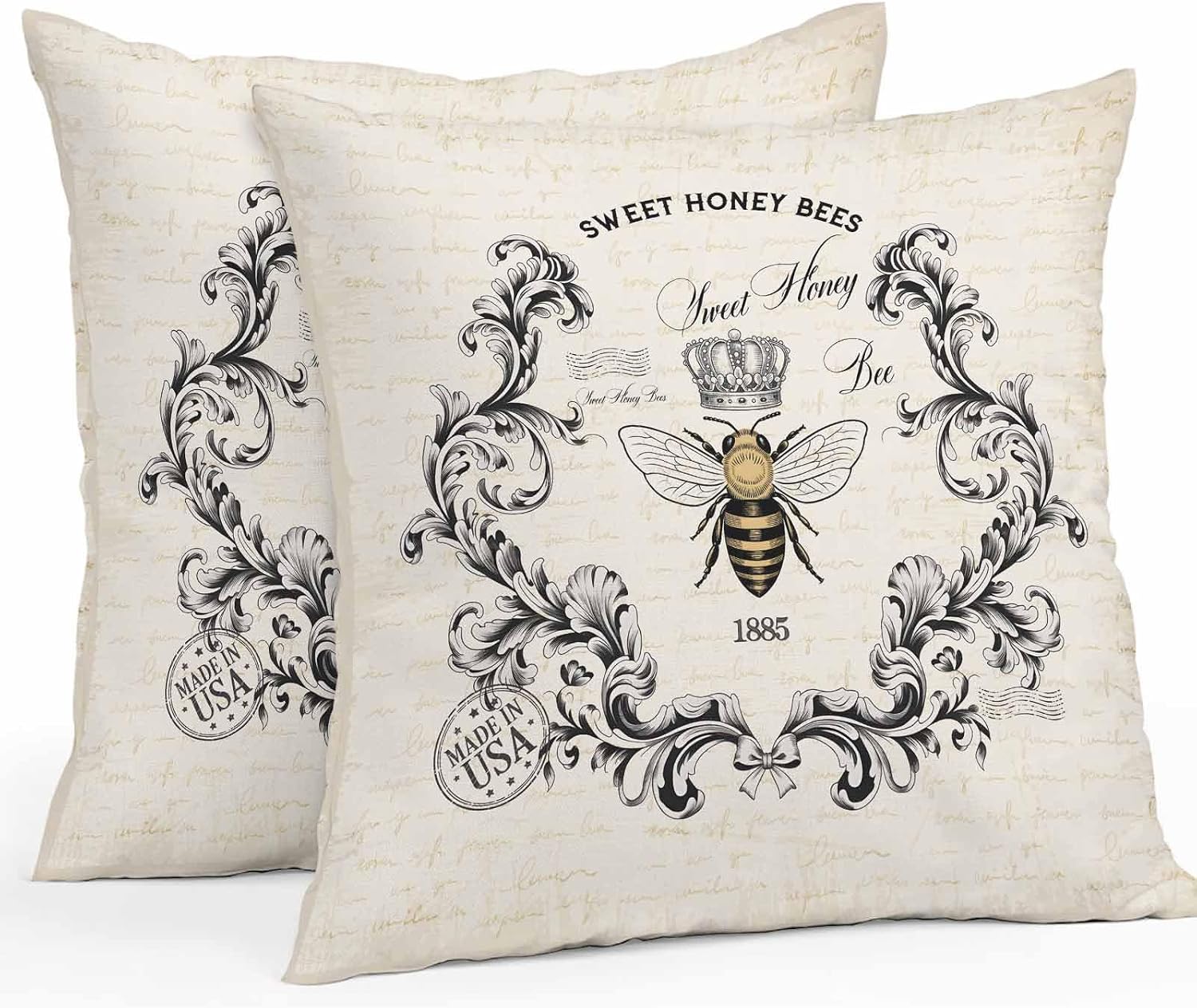 Vandarllin Outdoor Throw Pillows Covers 20x20 inch Set of 2 Waterproof Sweet Honey Bees Decorative Zippered Cushion Covers for Patio Furniture, Floral Crown Wreath Vintage Lumbar Pillowcases
