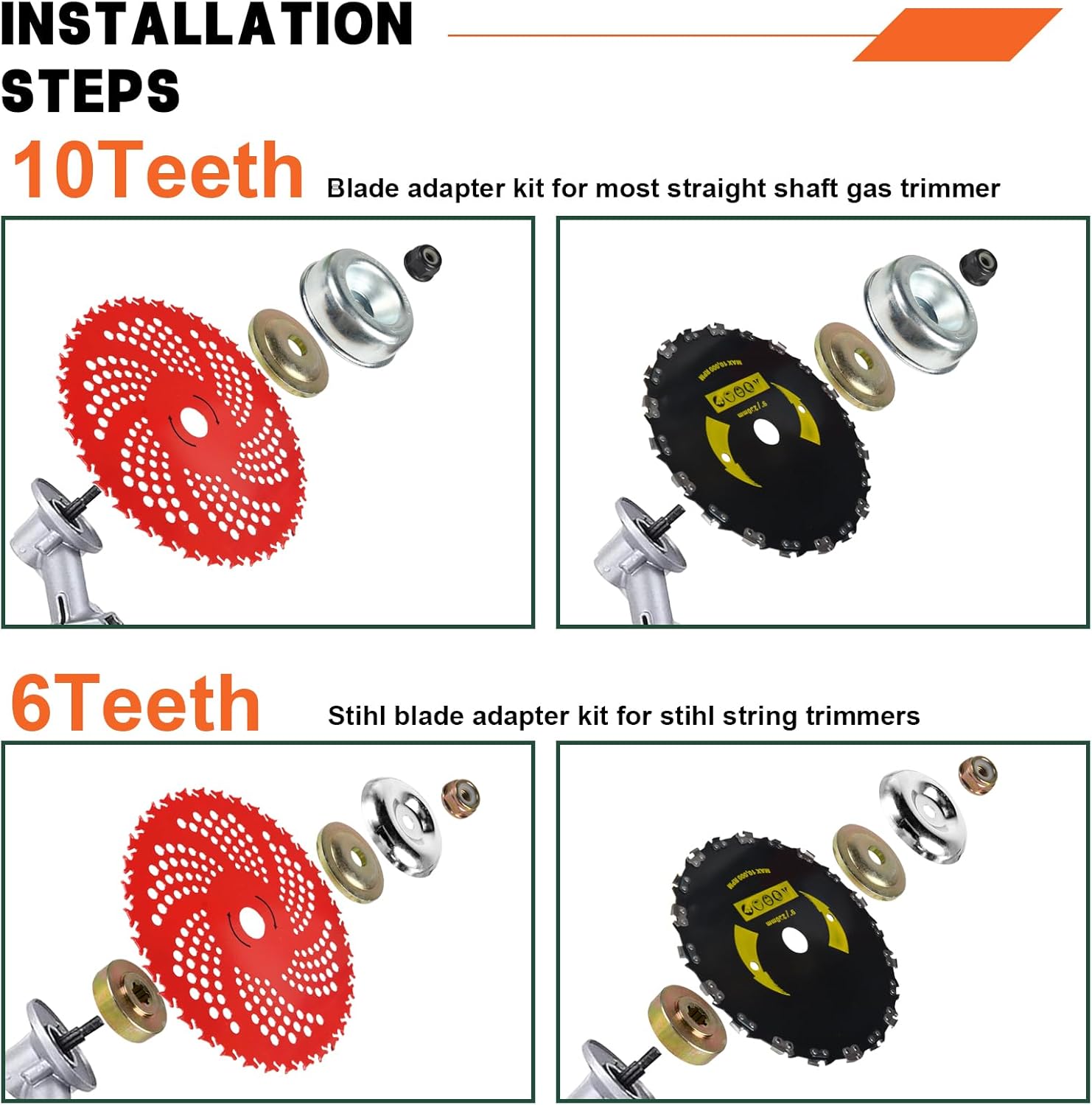 9"x36 Teeth Carbide Tipped Blades & 9"x20T Carbon Steel Round Chainsaw Tooth Brush Blades & 10"x80T Carbide Tip Brush Blades & 10"x3T Cutter Weed Eater Blades with Adapter Kit for Trimmer, Weed Eater