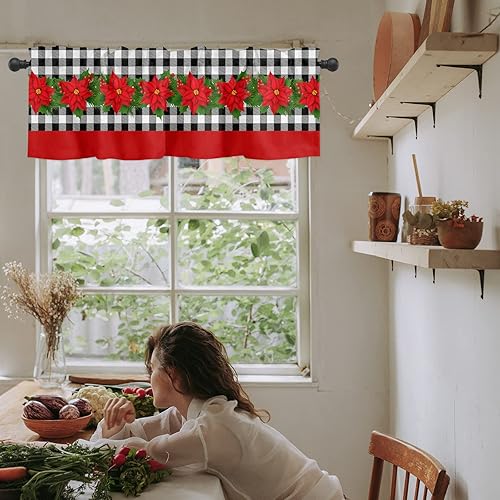 Miniatura 6 de Curtain Valance for Window Kitchen Decor, Merry Christmas Poinsettia Flower Berry Black White Buffalo Plaid 54" x 18" Window Treatment Curtains