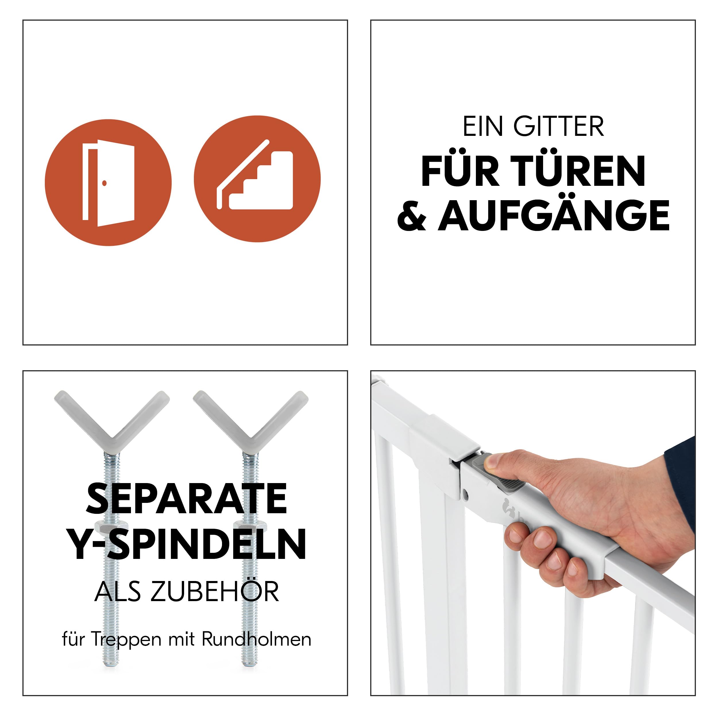 hauck Treppenschutzgitter Set Clear Step Autoclose 2 für Breiten 75-80 cm mit 3X Türstopper | Türschutzgitter mit fllacher Schwelle & Auto Schließmechanismus, ohne Bohren - Weiß