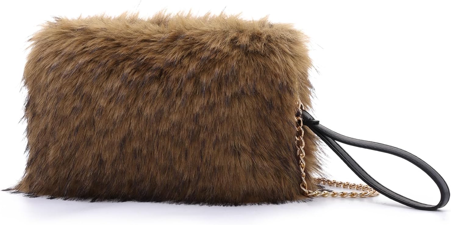 Oweisong Faux Fur Purse for Women Formal Furry Evening Clutch Plush Fluffy Shoulder Bag Wristlet Handbag