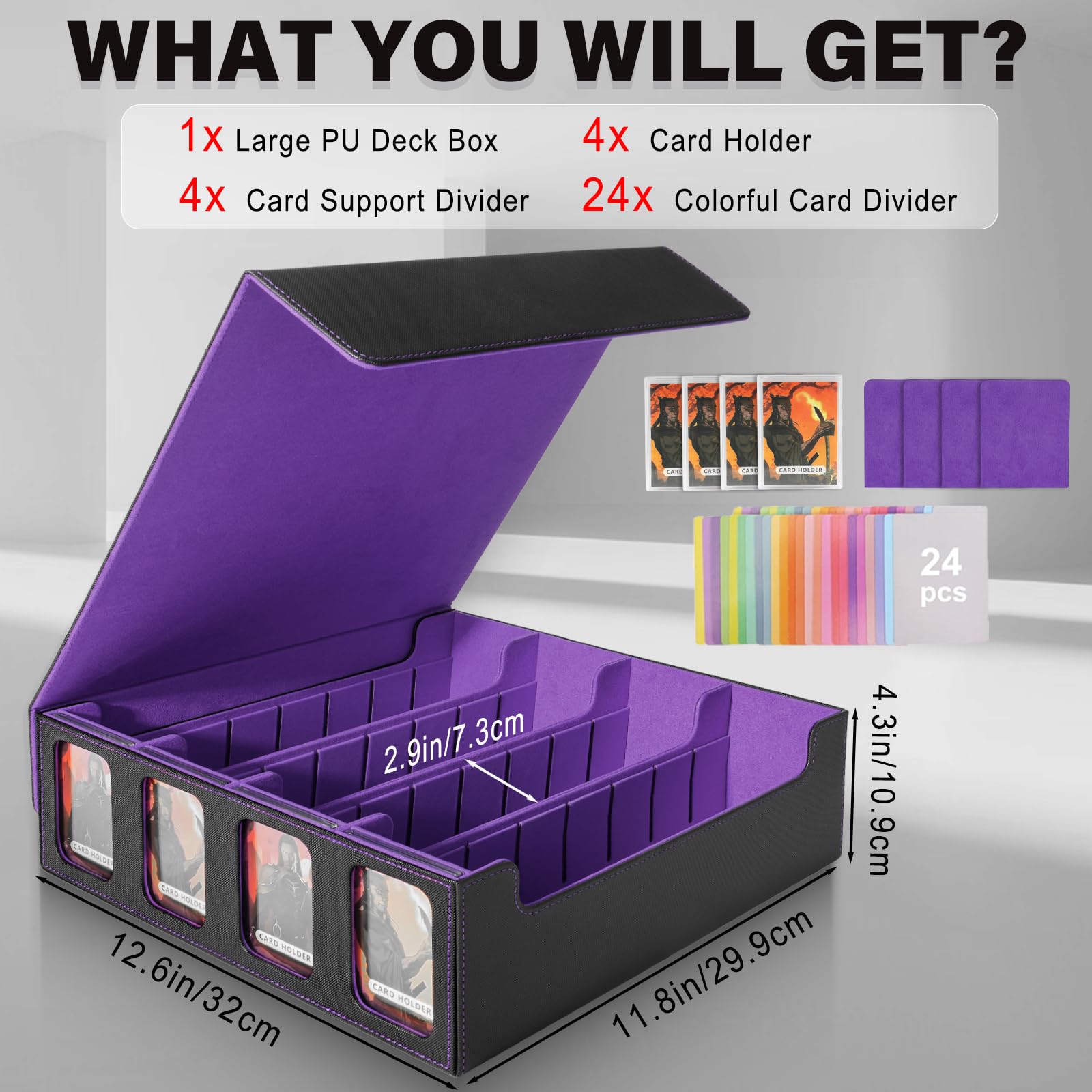 MTG Deck Box, contenitore per oltre 3000 carte con 24 divisori e 4 supporti per carte, scatola per carte Commander con finestre, adatta a Yu-Gi-Oh e TCG (nero e viola)