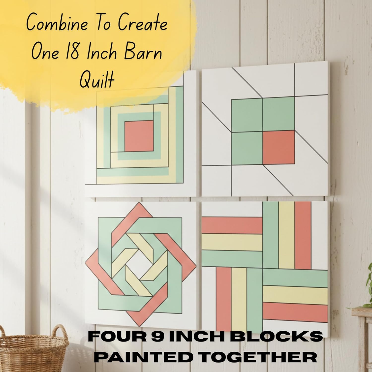 Set of 4 Barn Quilt Kit Wood Blocks | 9 Inches Paintable Quilting Squares |DIY Collage | Group Painting Unfinished Wooden Craft (Four 9" - Log Cabin, Road to Oklahoma, Slip Knot, Rail Fence)