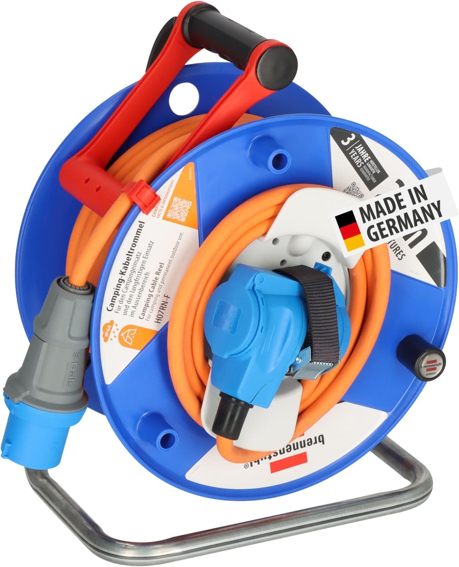 Camping cable reel with 25m cable in orange (CEE cable reel with CEE angle coupling incl. earth contact combination socket + CEE plug, for outdoor use, Made in Germany)