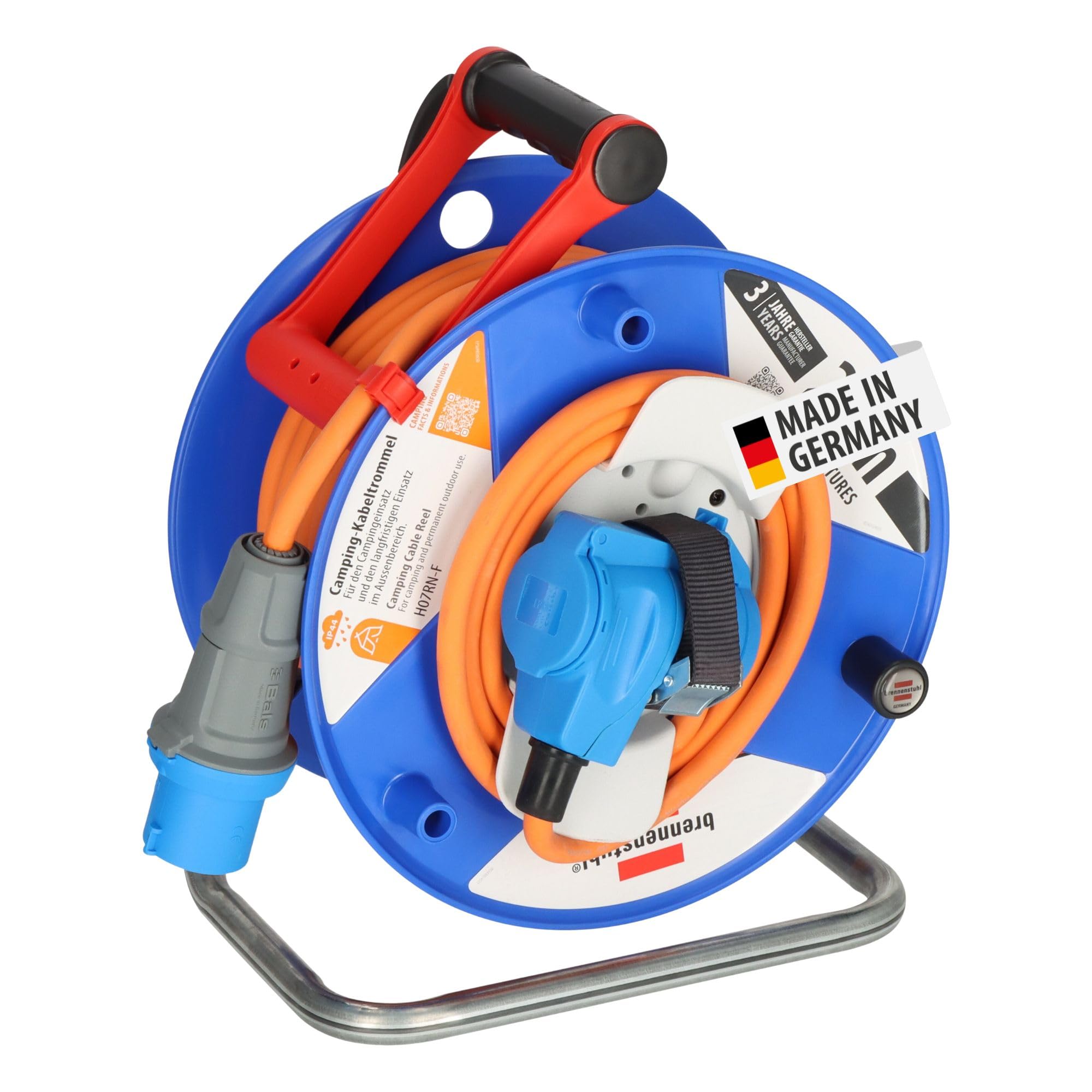 Camping cable reel with 25m cable in orange (CEE cable reel with CEE angle coupling incl. earth contact combination socket + CEE plug, for outdoor use, Made in Germany)