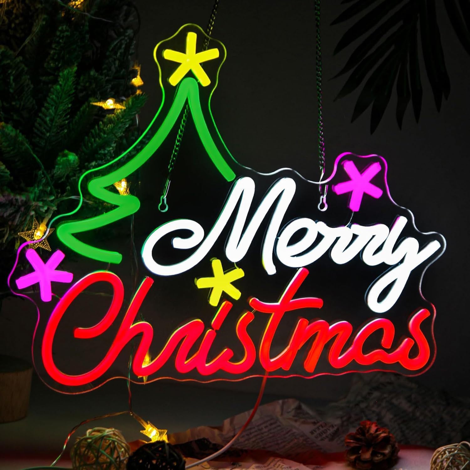 Letrero de neón de Feliz Navidad con árbol verde, arte de pared LED personalizable, decoración festiva de fiesta de Navidad para el hogar, exhibición de ventana y regalos de reunión familiar