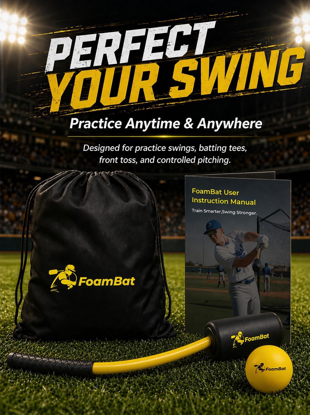 Baseball & Softball Rope Swing Trainer, Innovative High-Density Foam Connection Batting Training Bat for Better Feedback, Hitting Practice Aid Equipment for Youth Beginners, Indoor/Outdoor
