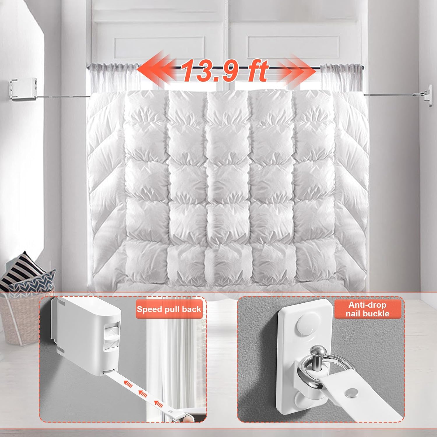 Retractable Clothesline Indoor, 13.9 Ft Heavy Duty Wall Mounted Laundry Drying Line with 180° Rotation for Outdoor Balcony Bathroom RV - 55lb Waterproof ABS, Includes Screws Adhesive Pad (White)