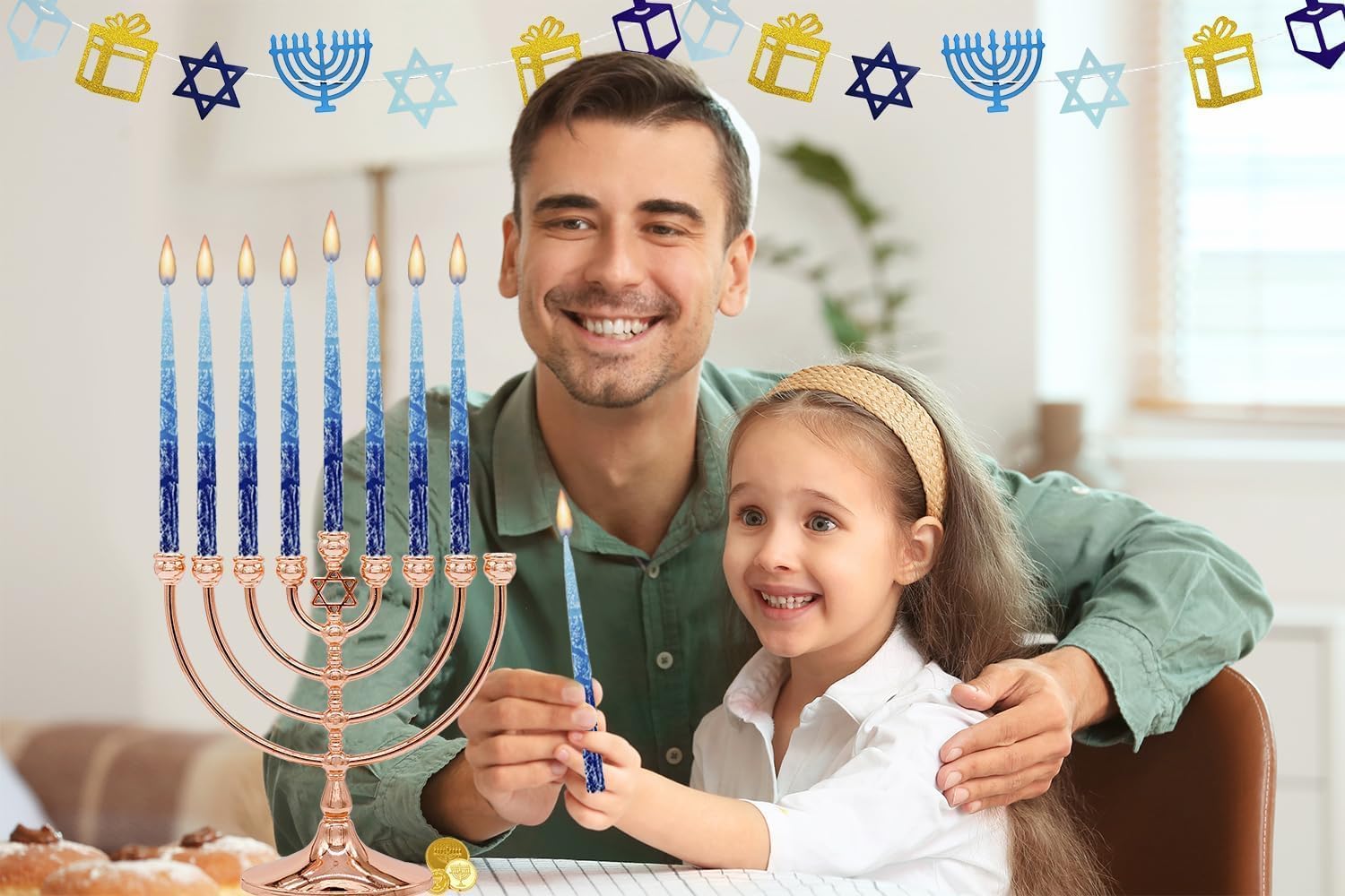 The Dreidel Company 2-Pack 1-Hour Burn Time Dripless Hanukkah Candles Multi Blue Hued Frosted Deluxe Tapered Chanukah Candles