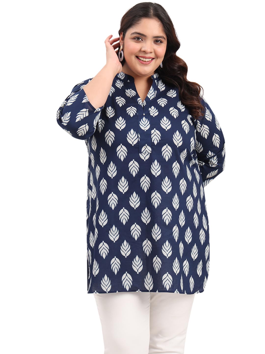Women's Plus Size Indigo Leaf Printed Pure Cotton Kurti-image-13