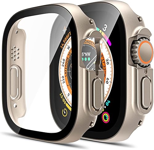 TAURI Juego de 2 fundas rígidas diseñadas para Apple Watch Ultra de 49mm con protector de pantalla de vidrio templado 9H, sensible al tacto