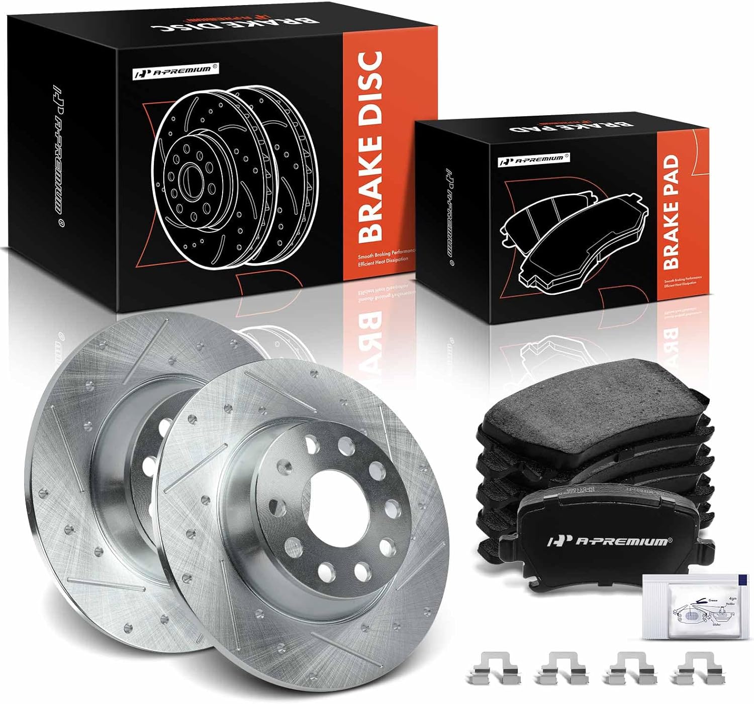 A-Premium 11.25 inch (285.80mm) Rear Drilled and Slotted Disc Brake Rotors + Ceramic Pads Kit Compatible with Select Volkswagen and Audi Models - Jetta, Passat, Tiguan, Eos, GTI, A3 Quattro, 6-PC Set