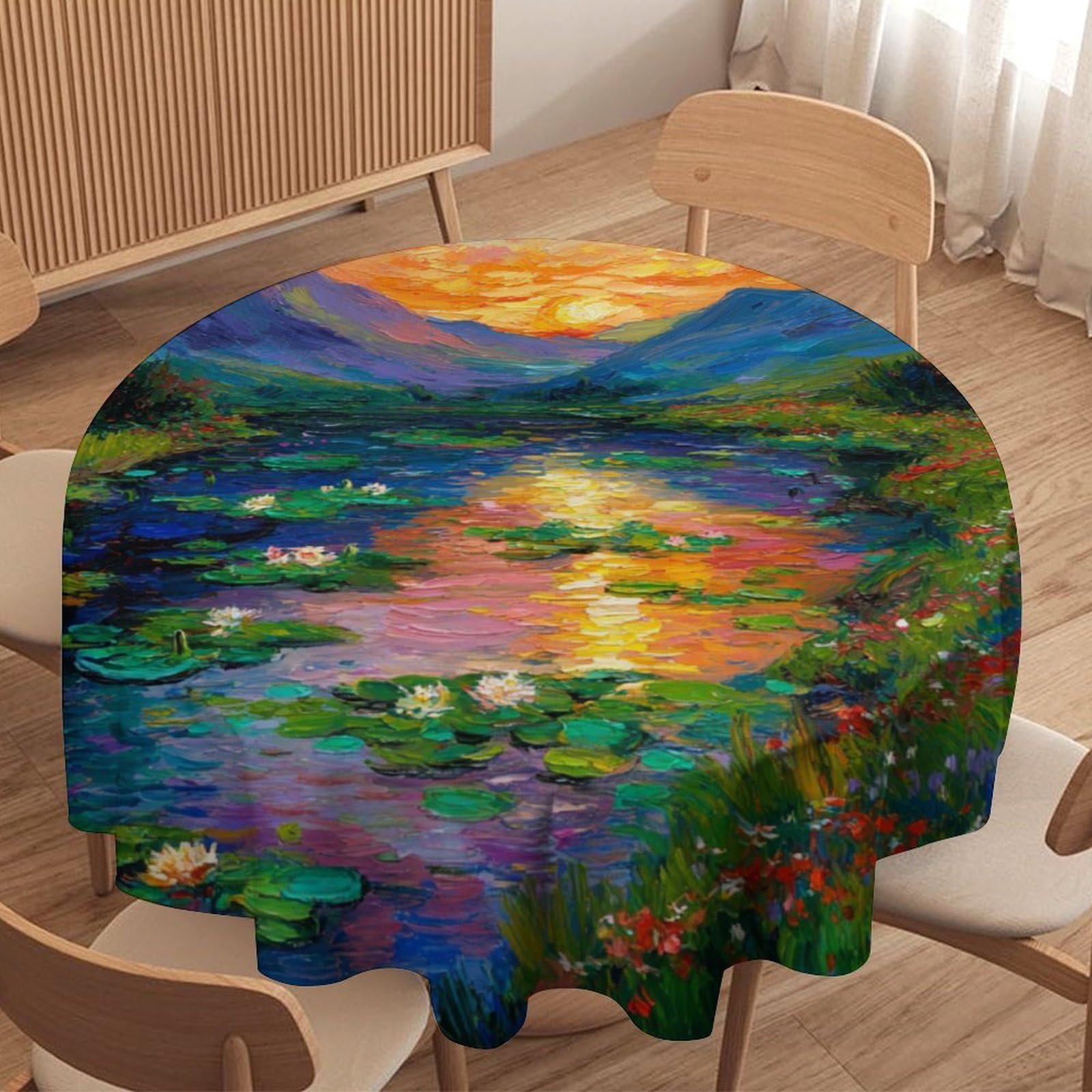 Luyysky Colorful Watercolor Lotus Floral Waterproof Round Tablecloth Fantasy Oil Painting Spring Sunset Mountains Lotus Flowers Washable Table Cover For Kitchen-177.8" Wx177.8 L Cm