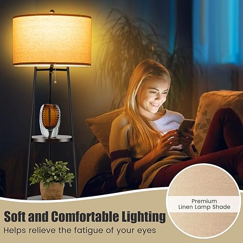 Miniatura 6 de GOFLAME Lámpara de pie con estantes, lámpara de pie con estantes de 3 niveles, pantalla de lino blanco y marco de metal resistente, lámpara de