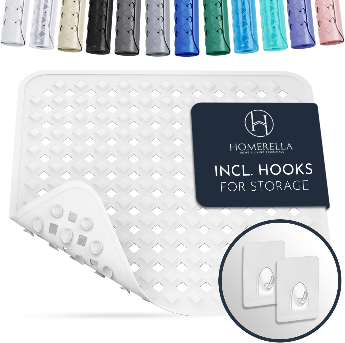 Homerella 1pc 34.5 x 15.5 inches Anti-Slip Bathtub Mat and 1pc 21 x 21 inches Non Slip Shower Mat, Machine Washable, INCL. Hooks for Hanging (White)