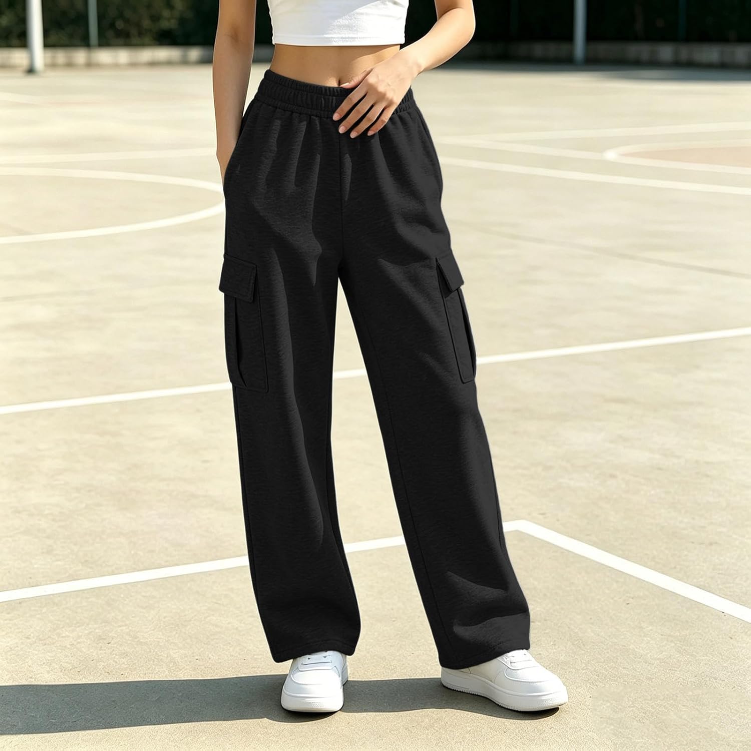 Womens Cargo Pocket Drawstring Wide Leg Sweat Pants with Pockets | Soft Stretch Sweatpants for Woman, Full Length Loose Trouser, for Street Daily Outdoor Wear