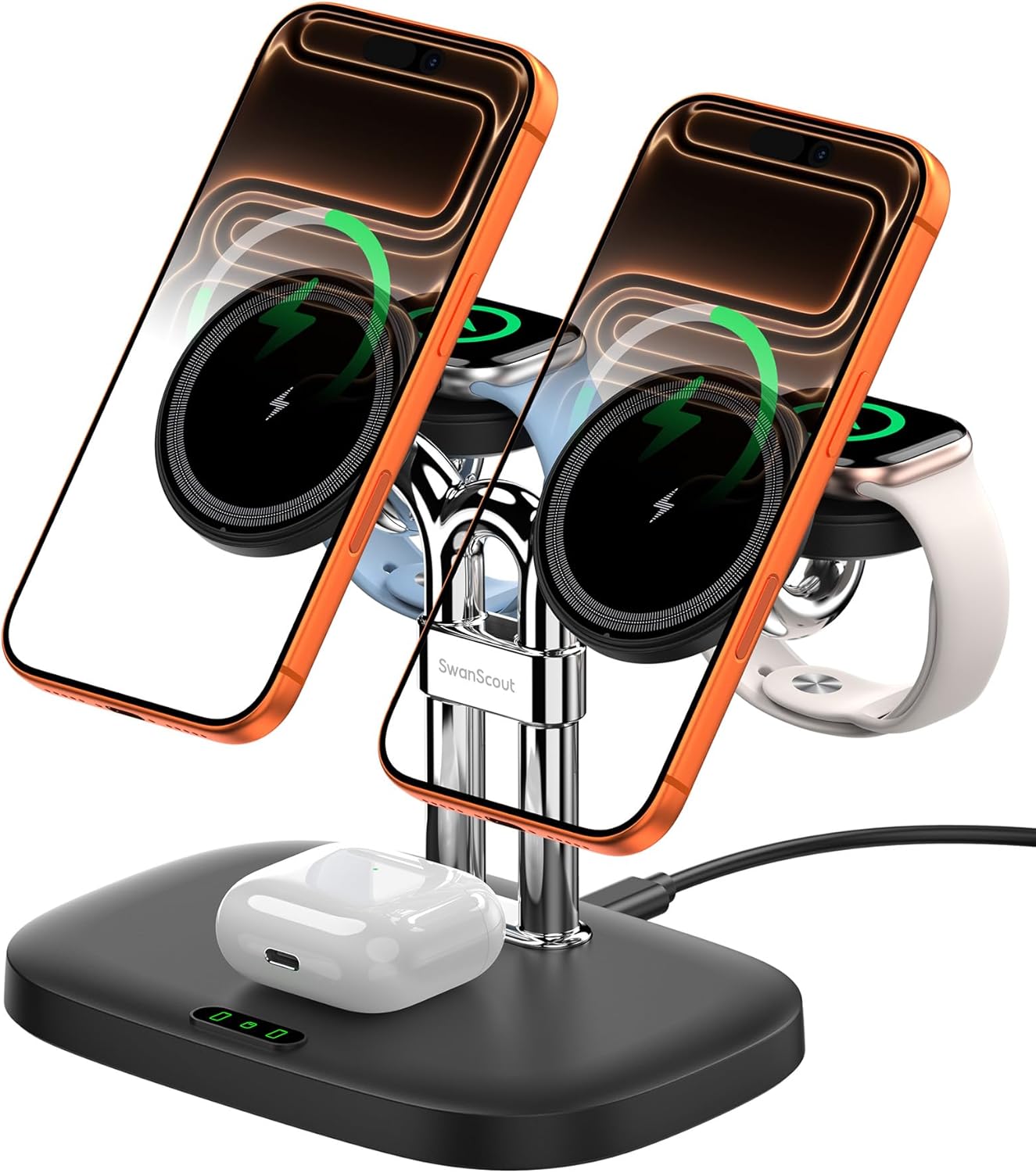 Magnetic 5-in-1 Wireless Charging Stand, Dual Phone & Dual Apple Watch Charger, 5W for Apple Watch Fast Charging Station, Compatible with iPhone 17-12, for Apple Watch Ultra/11-7, SwanScout 902M