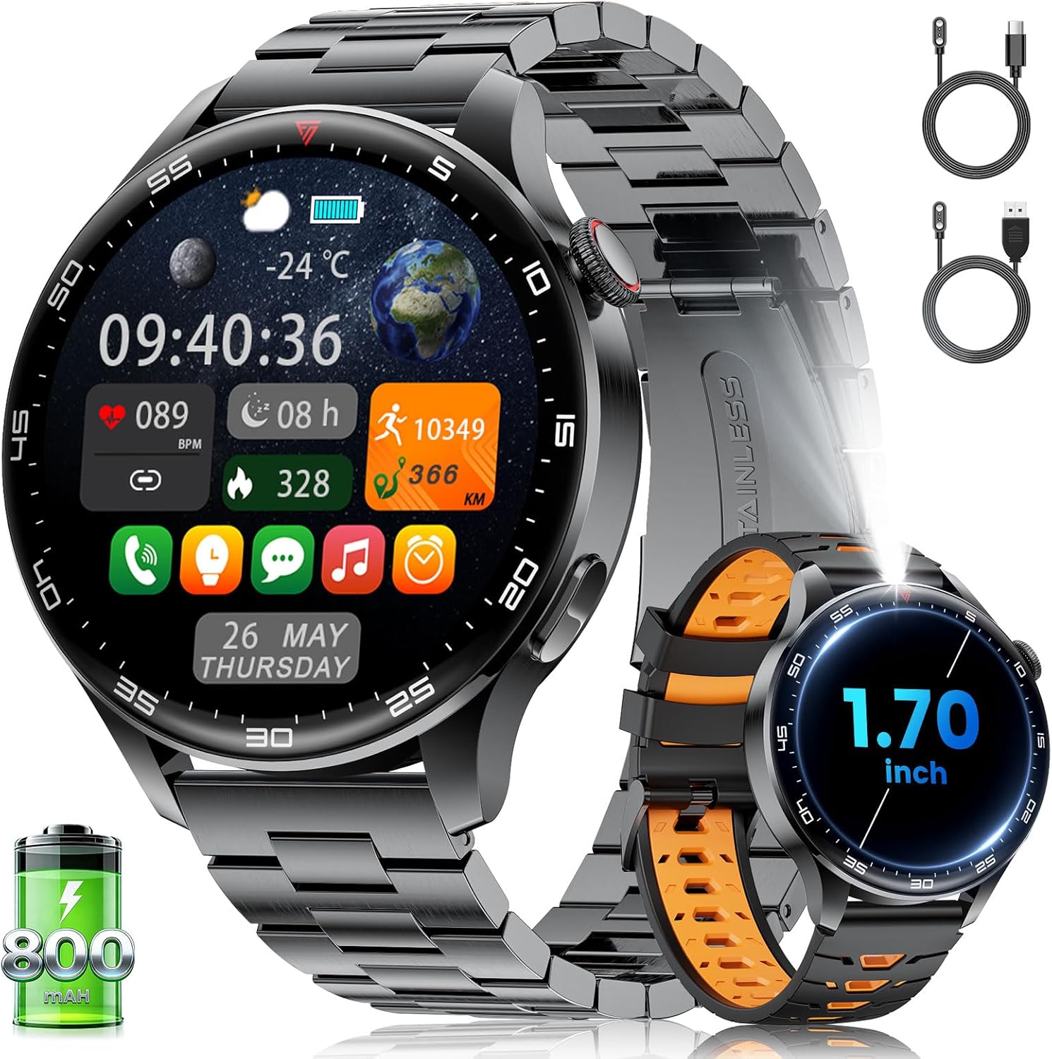Smart Watch for Men(Answer/Make Calls), 1,7'' HD Large Screen Men's Smartwatch with 800mAh Batterry/Flashlight/Heart Rate/Sleep Monitor/100+ Sport Modes, IP68 Waterproof Fitness Watch, Black