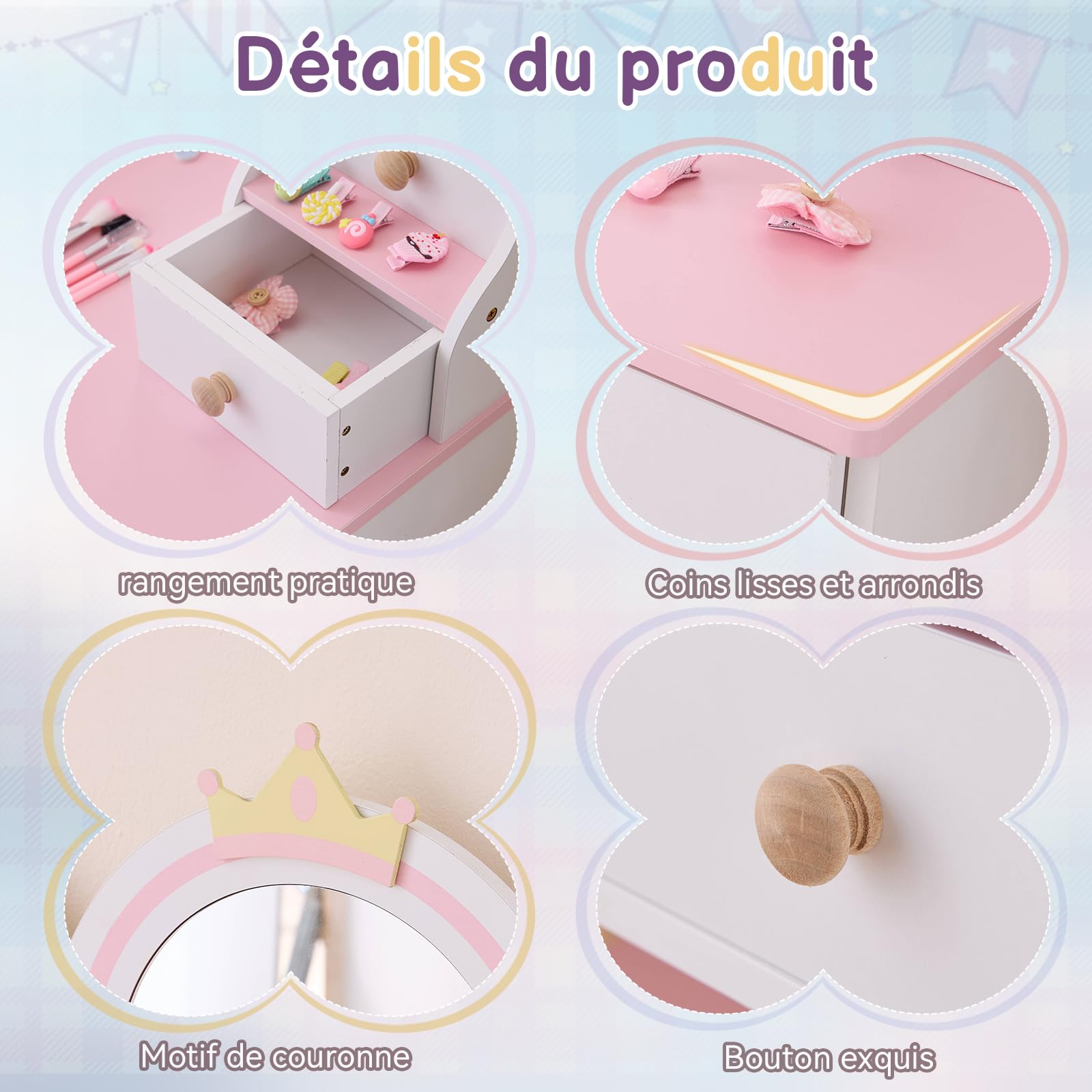LALAHO Coiffeuse pour Enfants，Coiffeuse Fille avec Tabouret，4 Tiroirs en Bois, Crochets à Bijoux，pour Les 4-9 Ans (Blanc & Rose)