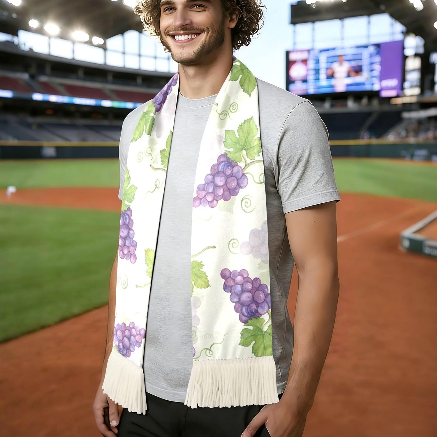 CHIFIGNO Purple Grape Sports Fan Scarf with Fringe Ends, Soft Polyester Towel Scarf for Soccer Games, Quick Dry Sweat Absorbing Cheering Wrap