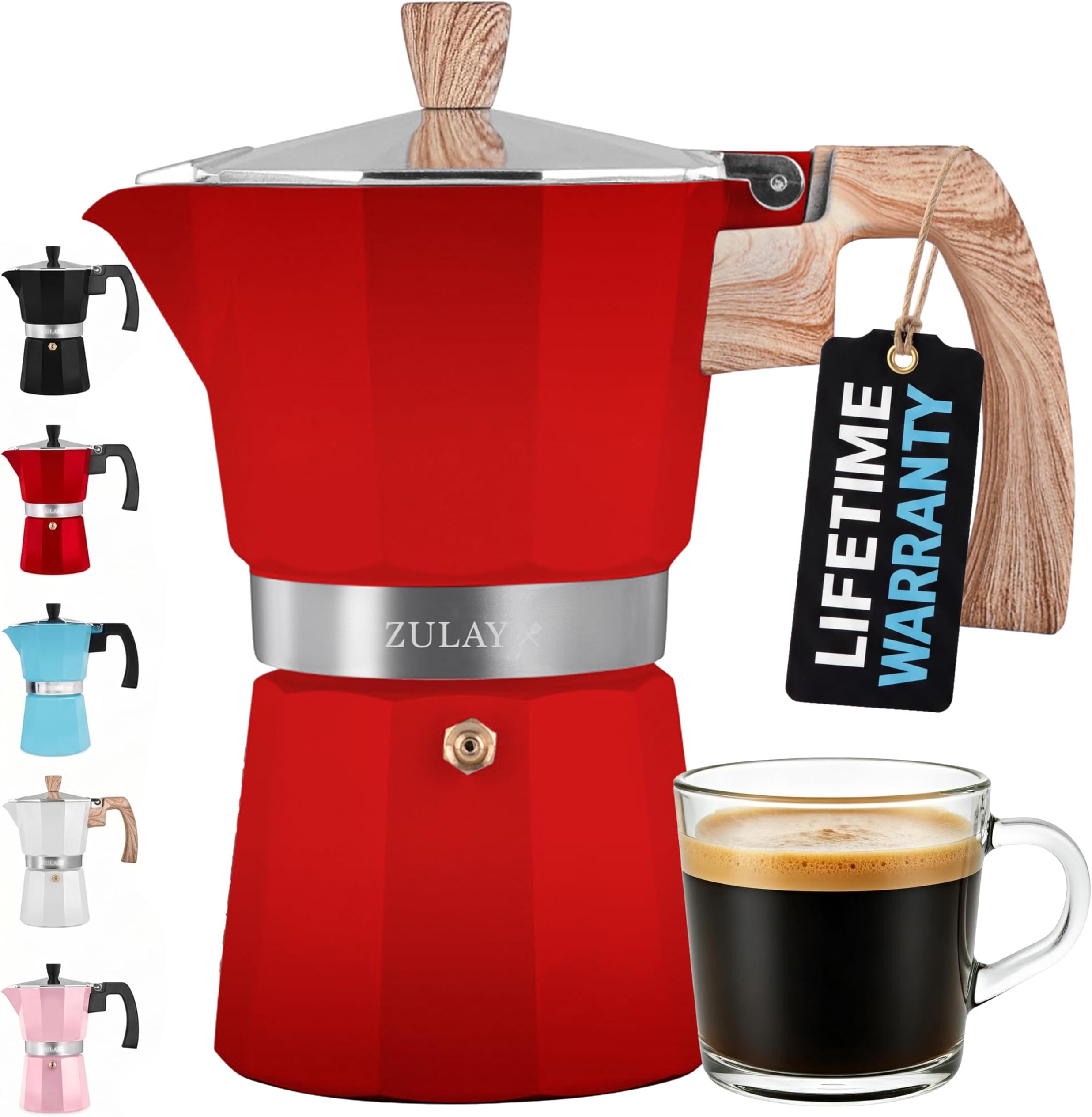 Zulay Kitchen Classic Italian Style 5.5 Espresso Cup Moka Pot, Classic Stovetop Espresso Maker for Great Flavored Strong Espresso, Makes Delicious Coffee, Easy to Operate & Quick Cleanup Pot (Red)