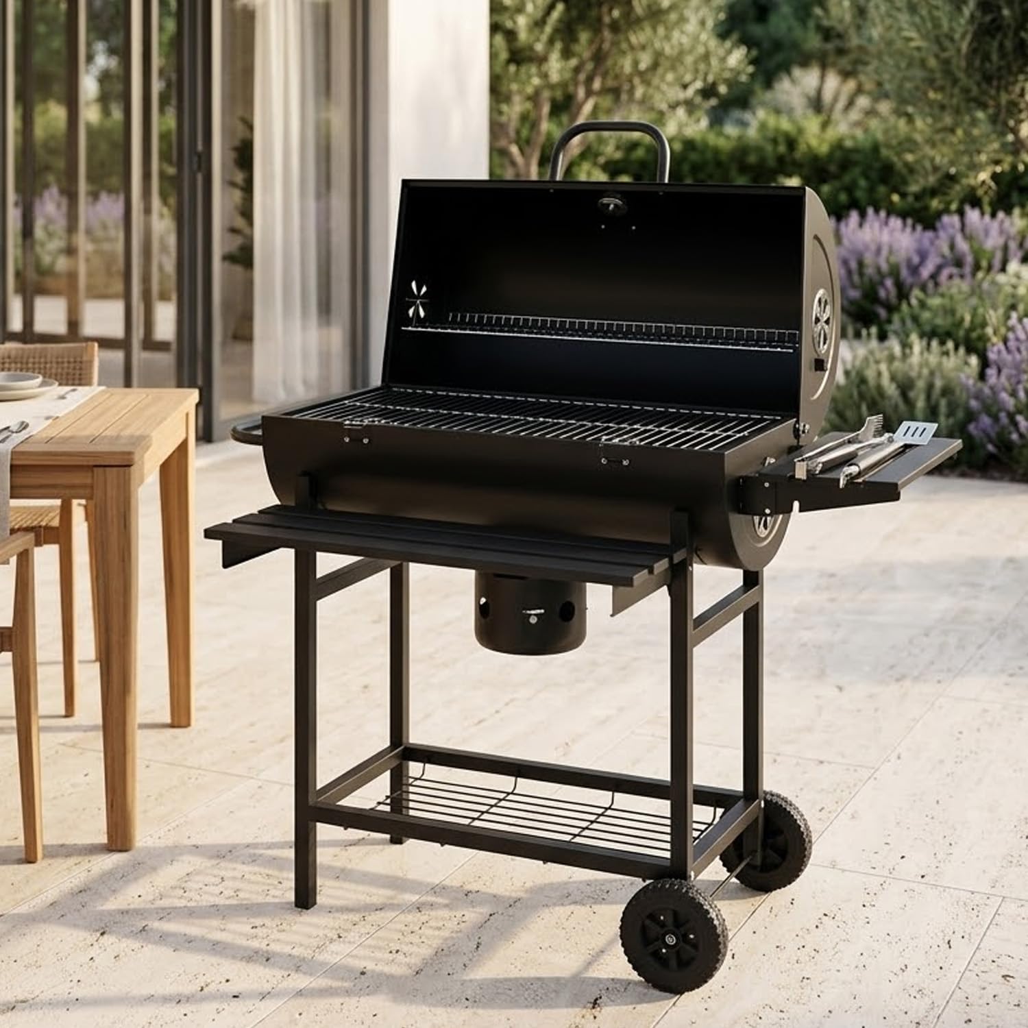 BRICOZONE Barbecue A Carbone Con Coperchio Termometro Integrato Grill BBQ In Acciaio Con Ruote Ripiani E Ventilazione Regolabile Pinza E Guanti Ideale Per Giardino Terrazzo E Balcone Cm Nero