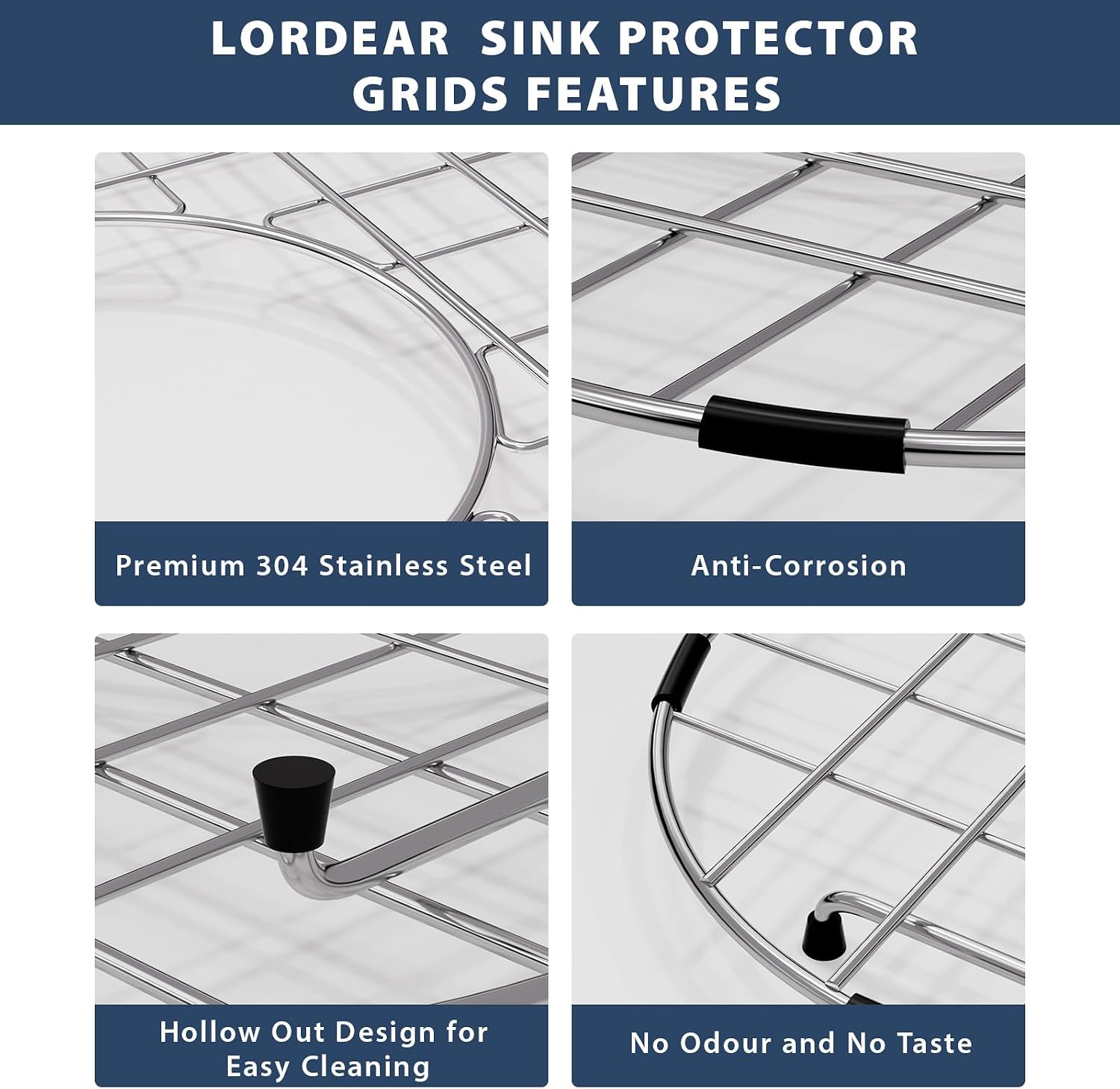 Lordear Sink Protectors for Kitchen Sinks, Universal Bottom Grid 26 x 14 Inch 304 Premium Stainless Steel Protector Grid Sink Grate Rack - Center Drain