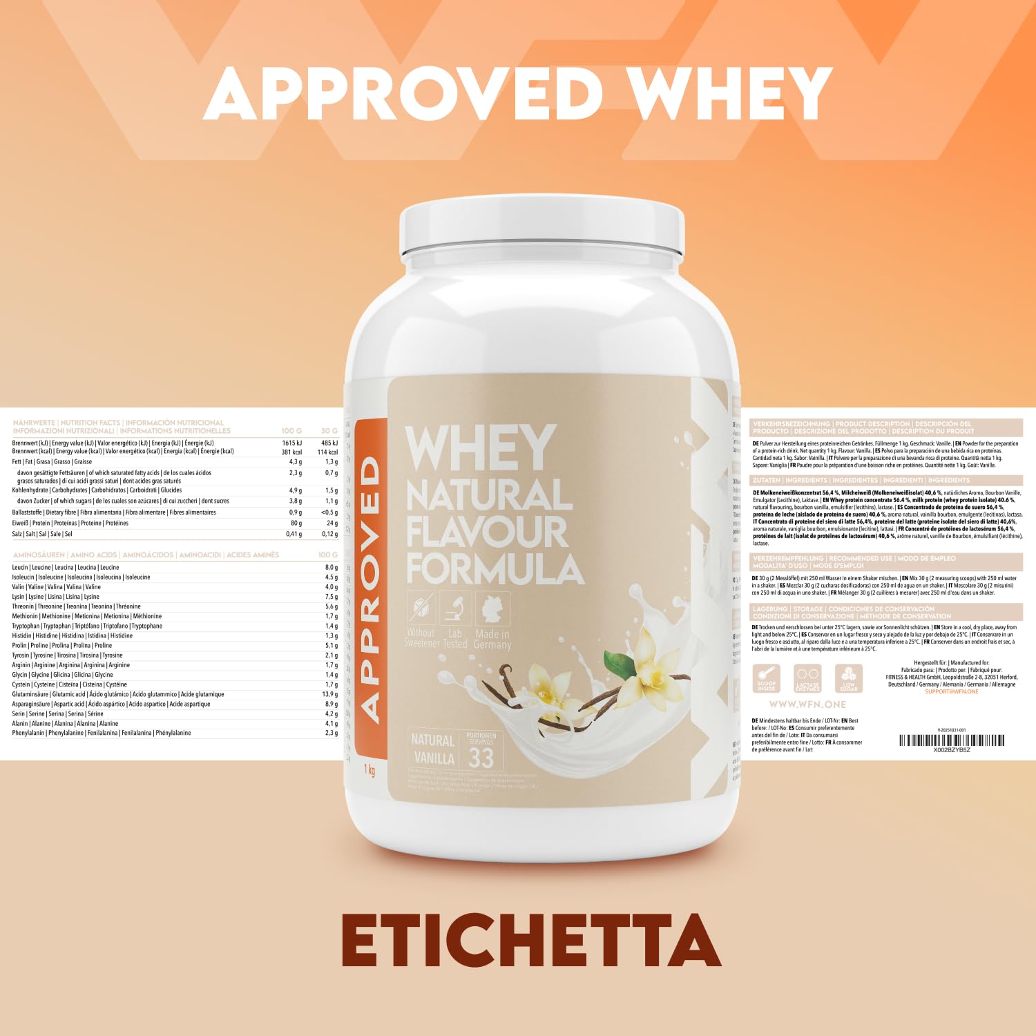 WFN Approved Whey Proteine in Polvere – Natural Vanilla – Senza Edulcoranti e Senza Zuccheri Aggiunti – 1 kg – Con Lattasi – Prodotto e Testato in Laboratorio in Germania