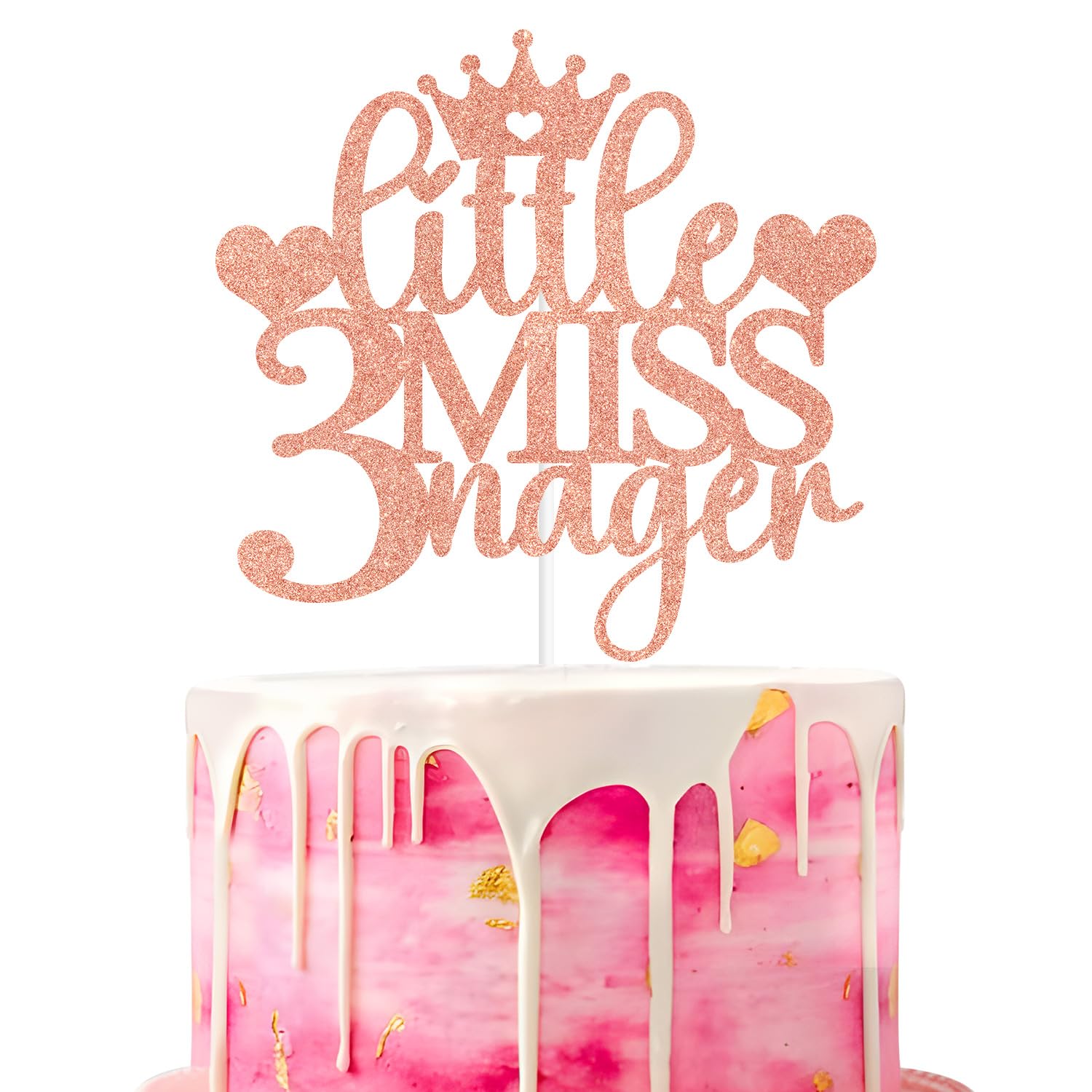 Little Miss Threenager Cake Topper, 3 Years Old Cake Décor, Hello 3, Happy 3rd Birthday Party Decorations for Girls Rose Gold Glitter