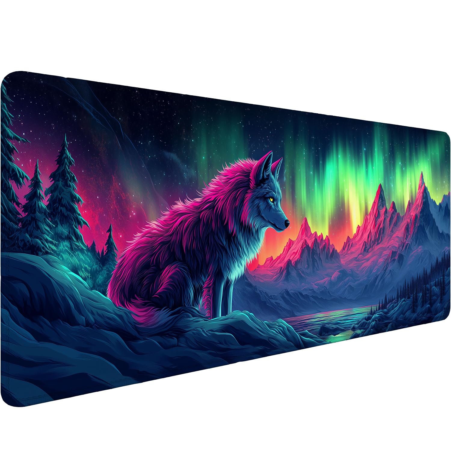 Tappetino da scrivania con lupo colorato Aurora Borealis Mountain Fantasy XL tappetino per mouse grande tappetino per tastiera per computer portatile tappetino da gioco tappetino per mouse 80 x 30 cm