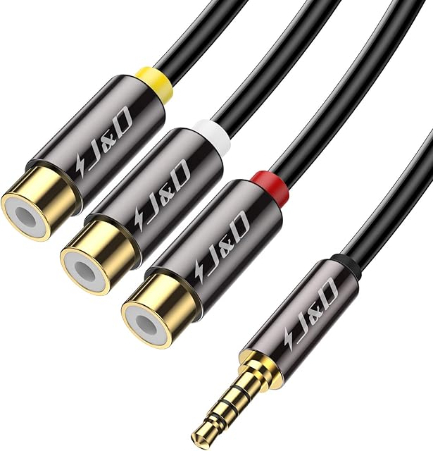 J&D 3.5 mm to 3RCA Cable, Gold Plated Copper Shell Heavy Duty 3.5mm 1/8 inch Male TRRS to 3 RCA Female Plug Stereo Audio Adapter Cable, 1 Feet