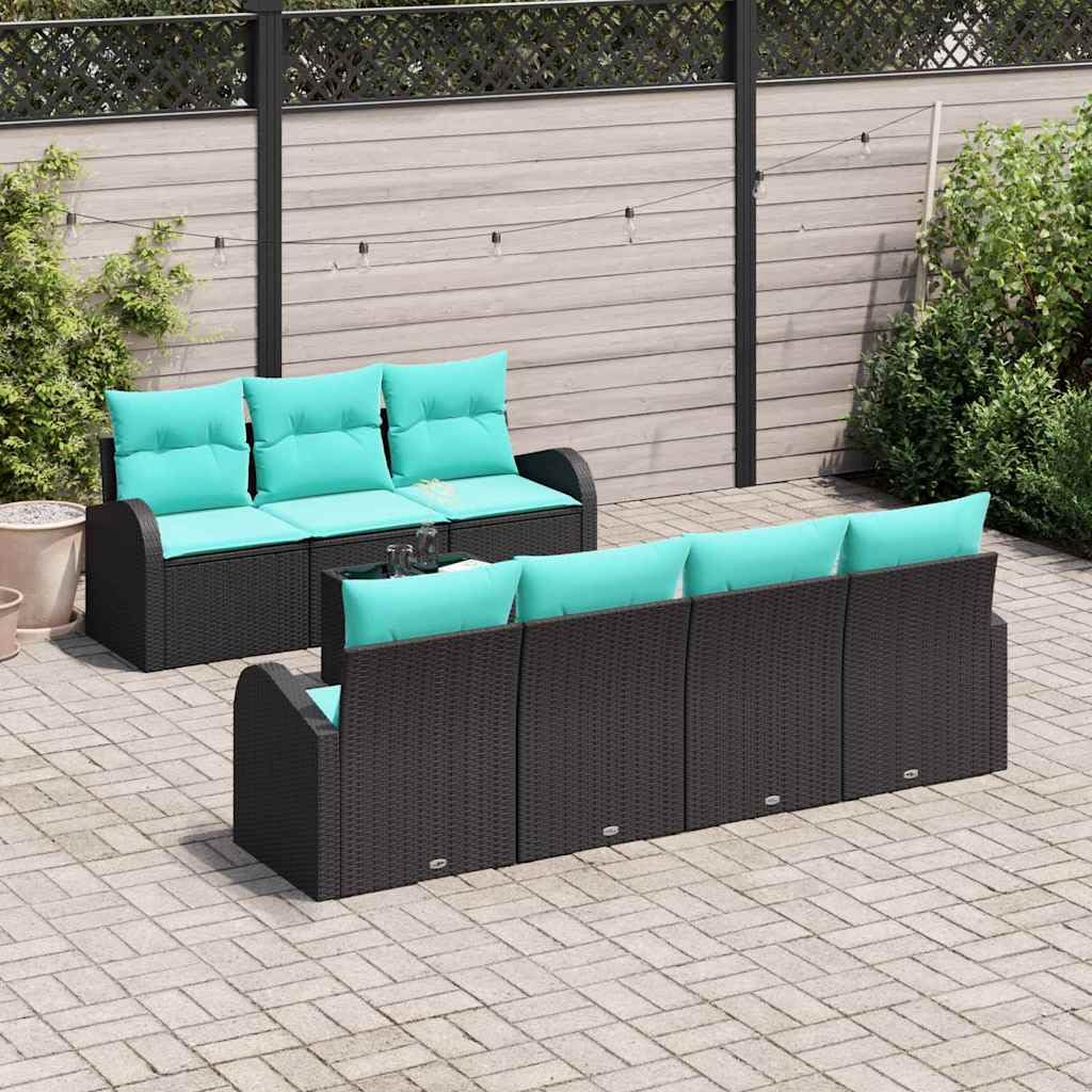Canapé Jardin Modulaire 8 Pièces 7 Places Noir et Turquoise Poly Rattan