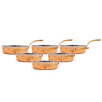 INDIAN ART VILLA Steel Copper Fry Pan with Brass Handle, Perfect for Cooking and Sauteing, Volume - 300 ml (Pack of 6)
