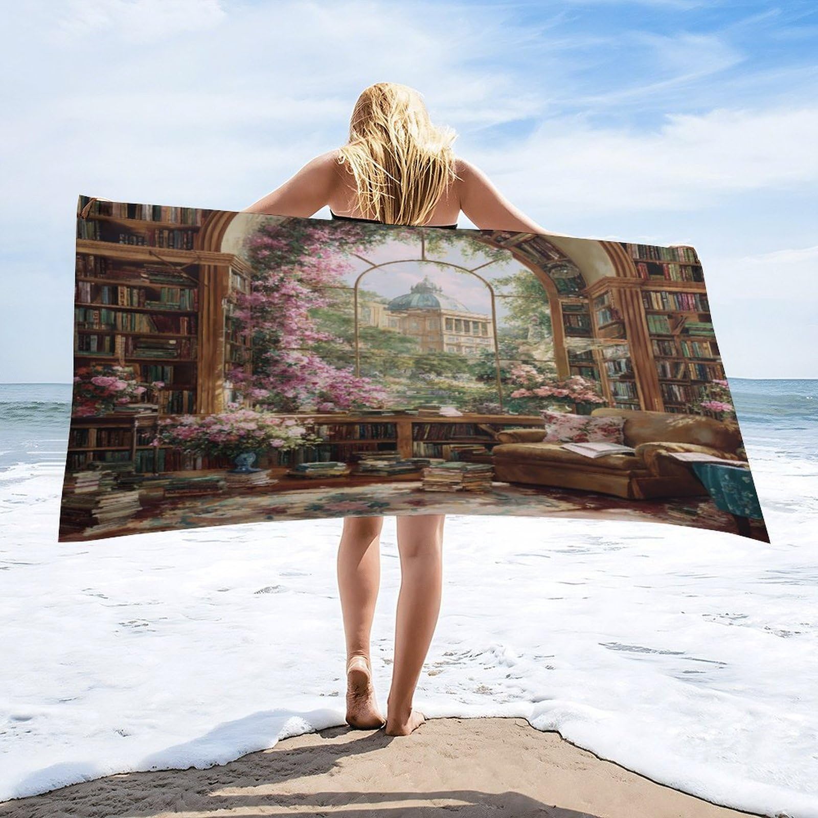Luyysky Beautiful Abstract Library Bookshelf Absorbent Beach Towel, Rustic Oil Painting Fantasy Castle Plant Pink Roses Flowers Outdoor Single-Sided Velvet Beach Towel-80 W Cm X 160" L Cm
