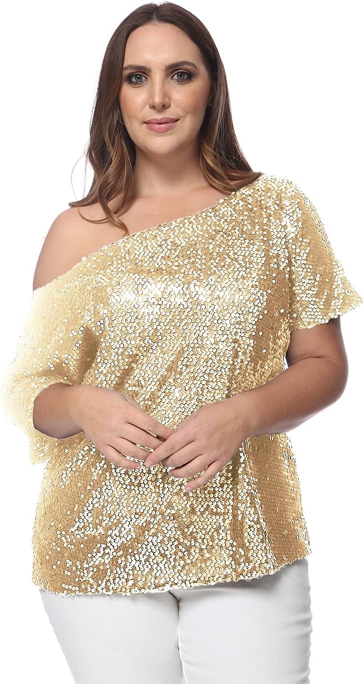 Anna-Kaci Women's Plus Size Sequin Sexy One Shoulder Short Sleeve