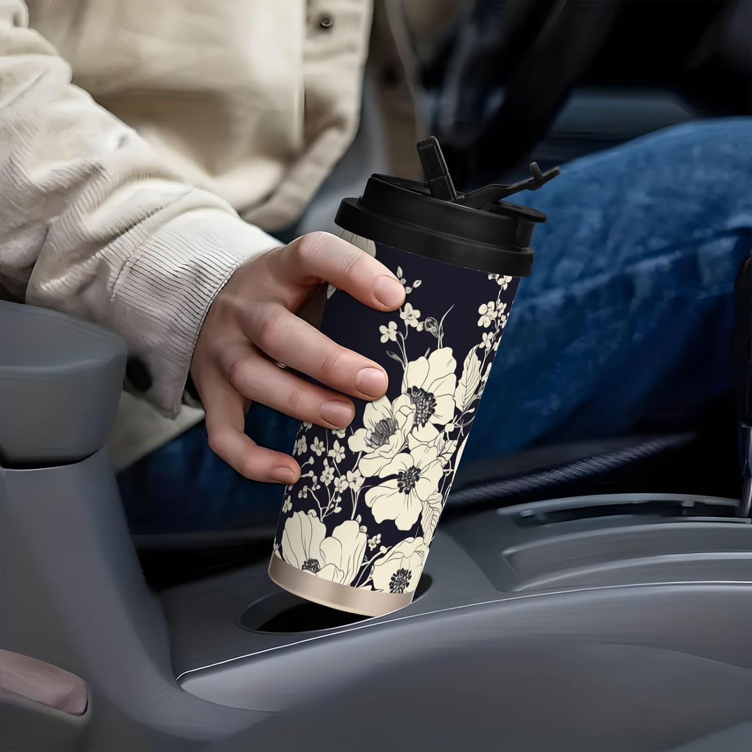 17 oz Insulated Coffee Mug Blue White Floral Print with Straw and Leak Proof Lid Double Wall Water Bottle Stainless Steel Vacuum Thermal Travel Drinking Cup for Hot/Cold Drink - Image 6