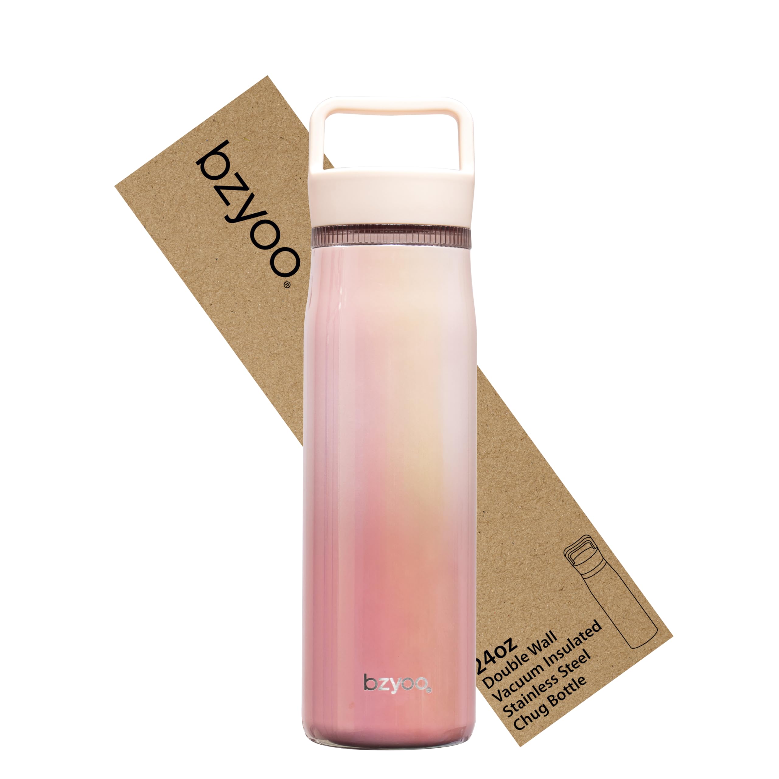 bzyoo Borraccia termica da 680,4 g, con coperchio trasparente, 100% in acciaio inox, a tenuta stagna, colore rosa iridescente, senza BPA, per bevande calde e fredde, adatta per portabicchieri da auto