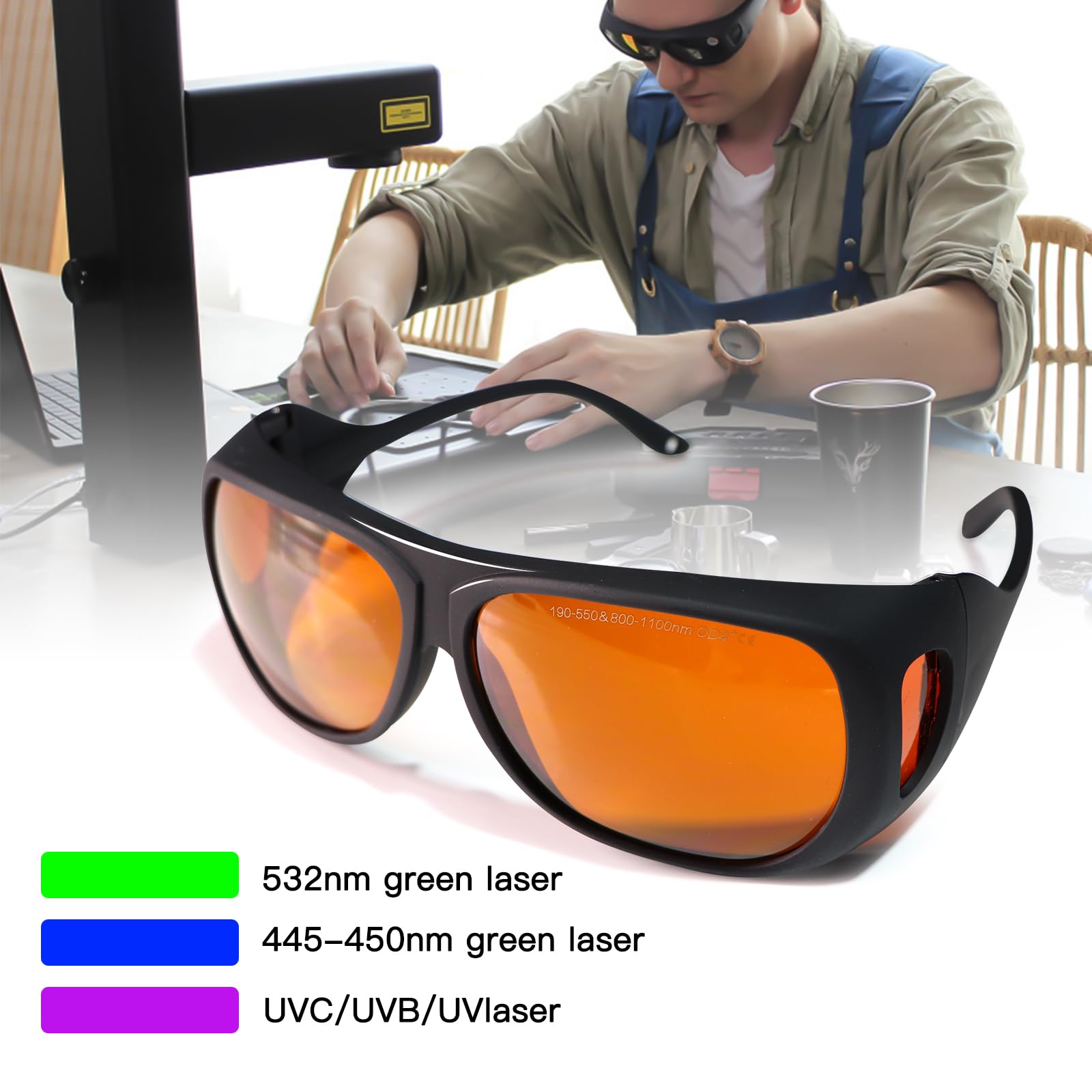 Gafas de Seguridad láser para Grabado Láser OD4+ 190-550nm & 800-1100nm Yag, Blu, Verde y Fibra de Luz UV Gafas de Protección Ocular.