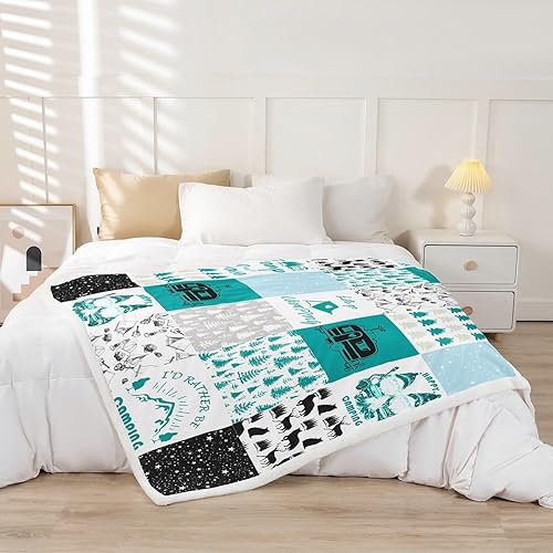 Miniatura 2 de Manfei Manta Happy Camping para cámper, remolque, remolque, manta de cama para niños y niñas, manta de retazos de cuadros verdes para sofá, manta