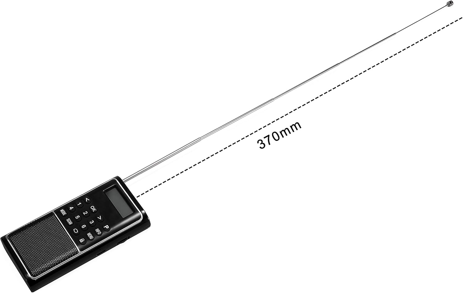 Radioddity RD23 radio with its antenna fully extended, showing a length of 370mm.