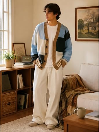 GURUNVANI Men's Colorblock Cardigan Sweater Thick Knit Button Front Vintage