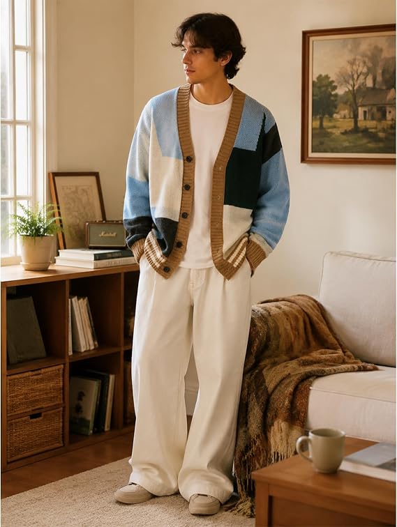 GURUNVANI Men's Colorblock Cardigan Sweater Thick Knit Button Front Vintage