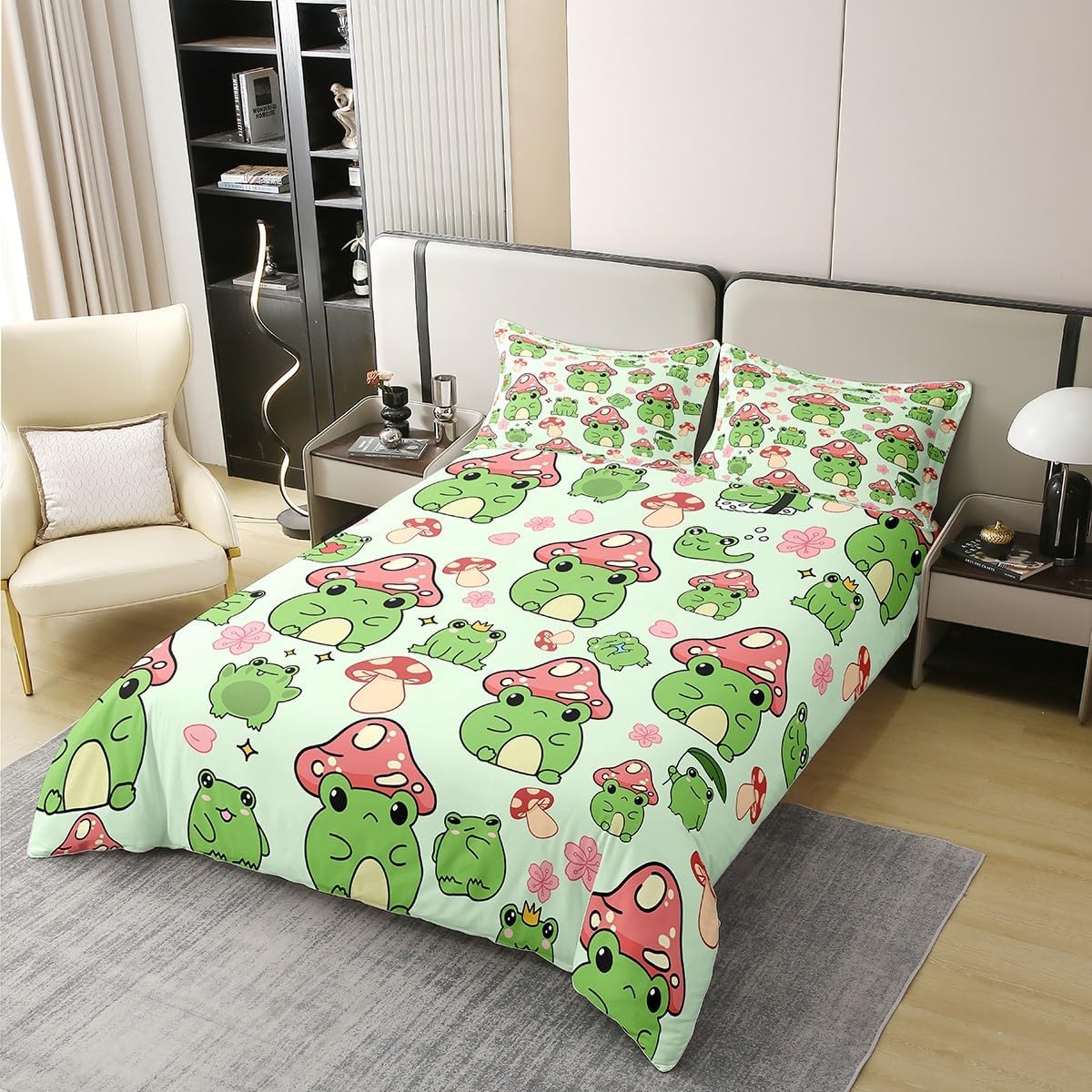 Mushroom Frog 100% Organic Cotton Comforter Cover Cute Mushroom Duvet Cover Set Queen Size for Bedroom Cartoon Animals Plants Bedding Set with 2 Pillowcases(Not Comforter)