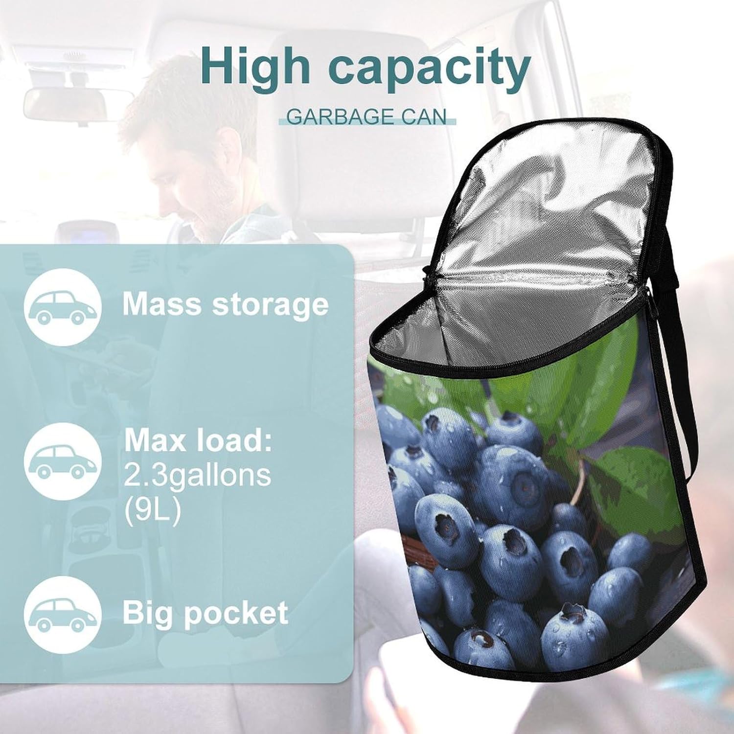 Hanging Car Trash Bag Delicious Blueberries Printed Car Garbage Storage Bag Leakproof Car Trash Can Portable Garbage Storage Bags