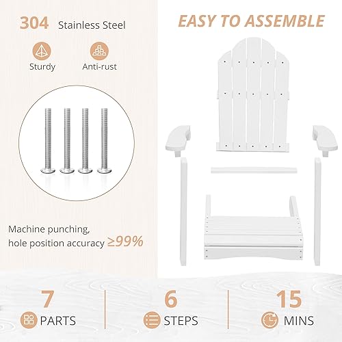 Miniatura 6 de LUE BONA Juego de 2 sillas Adirondack para niños, sillas Adirondack de plástico de madera de polietileno blanco, resistente a la intemperie, silla