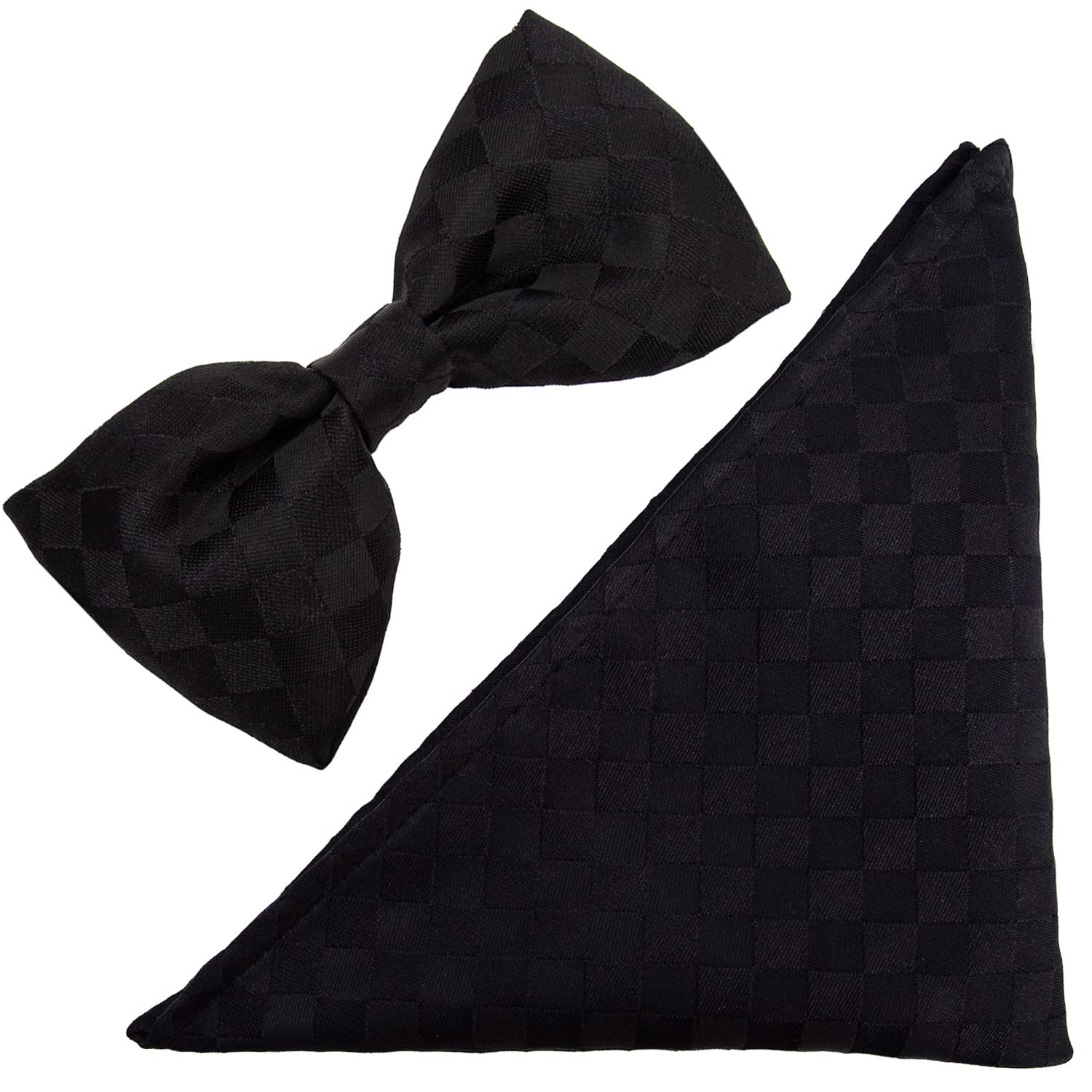 To The Nines Men's Microfiber Black Checks Bow Tie & Pocket Square with Lapel Pin 1