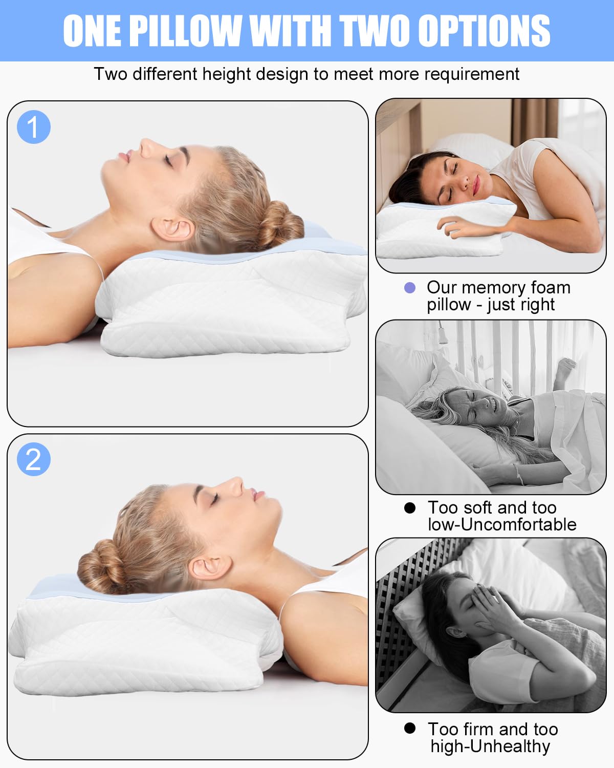 Almohada cervical, almohada para dormir de lado, almohada de espuma viscoelástica, almohada cervical ergonómica, almohada de soporte, para una óptima comodidad. Almohada para dormir de lado, espalda y