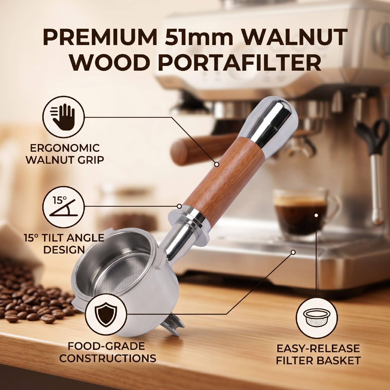 Portafiltro per caffè da 51 Mm, Manico in Legno di Noce (con